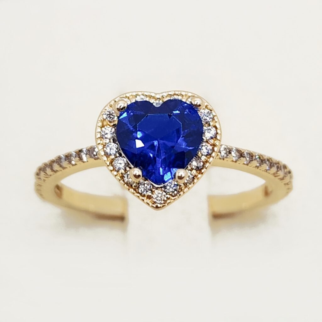Anillo Corazon Azul Halo de Oro 10k - Talla 6