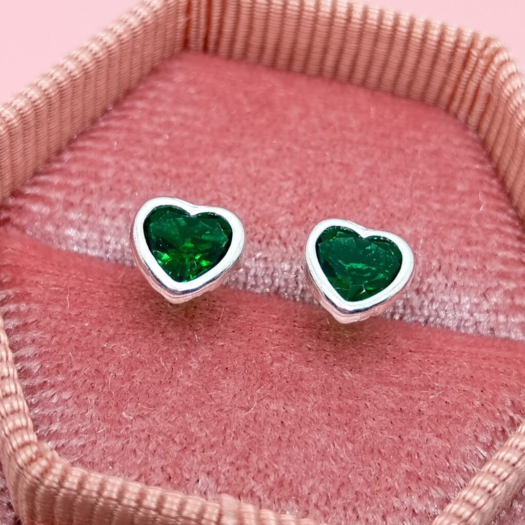 Broqueles Corazon Verde II de Plata .925
