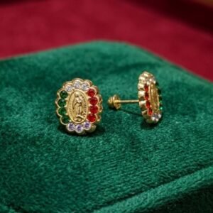 Broqueles de Virgen de Guadalupe en Oro de 10K con Circonias Tricolor