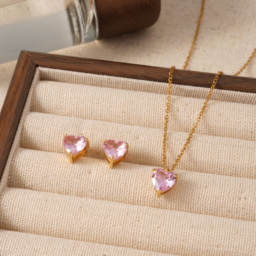 Conjunto Corazon Rosa Elemental de Acero Inoxidable